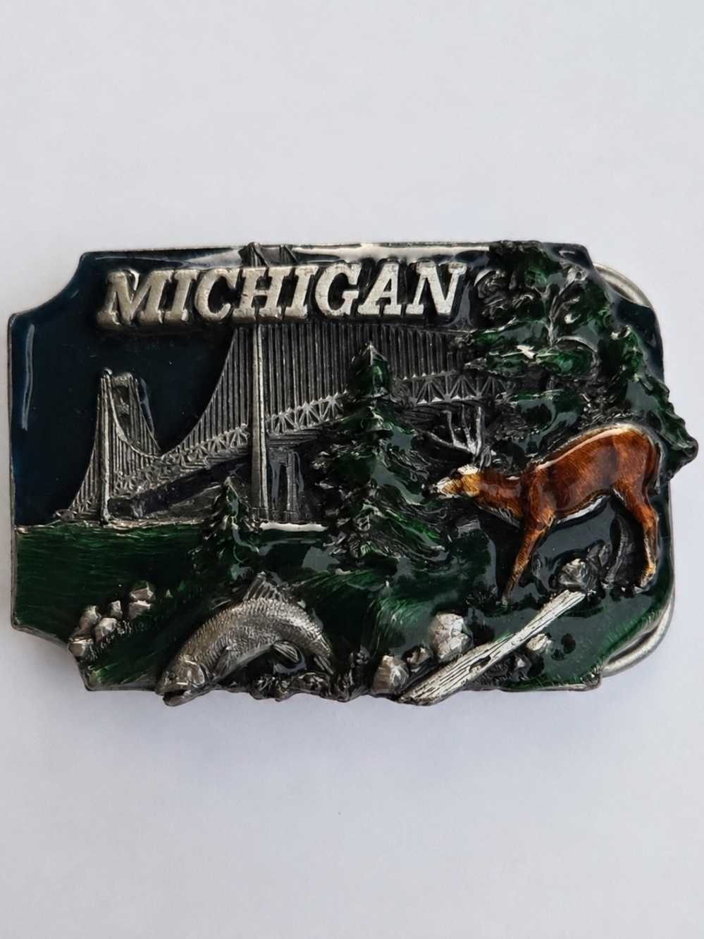 Vintage 1989 Siskiyou Michigan Belt Buckle S-35 Deer Fish Bridge Made USA
